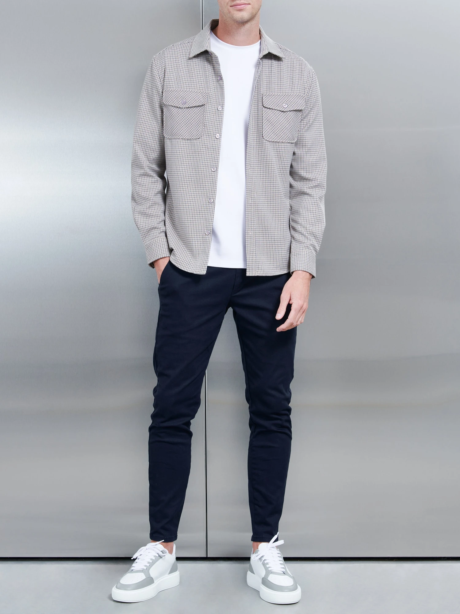 Fine Check Overshirt In Stone 4 Fine Check Overshirt In Stone - Image 2