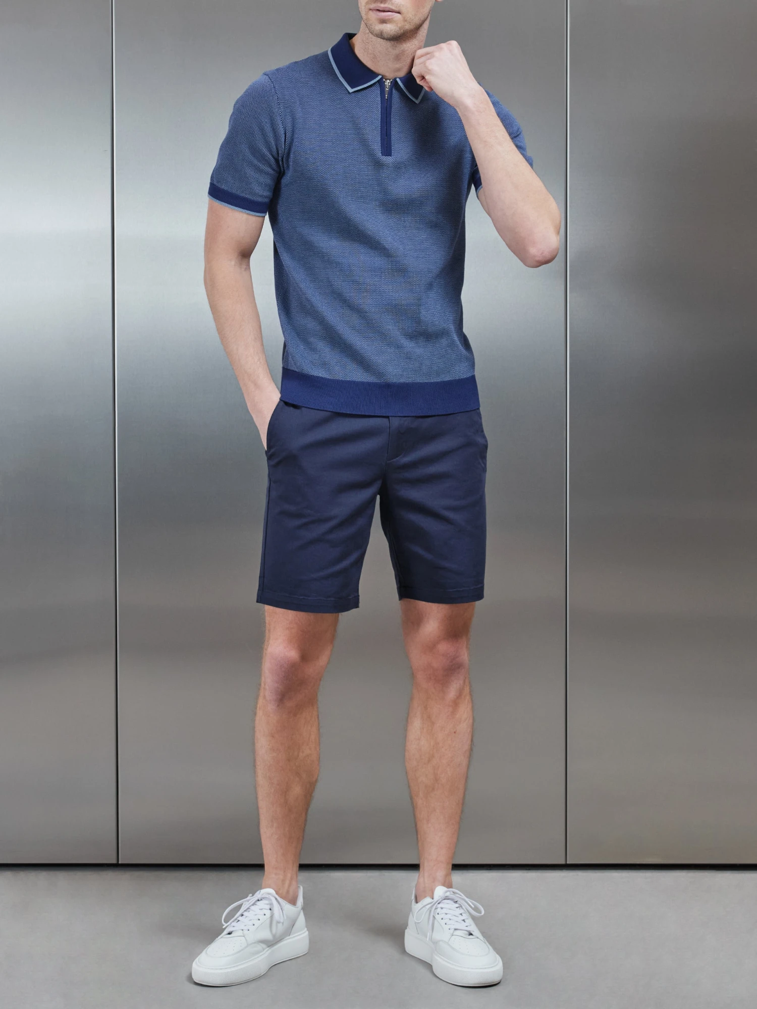 Capri Textured Knitted Zip Polo Shirt In Navy 4 Capri Textured Knitted Zip Polo Shirt In Navy - Image 2