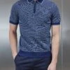 Capri Textured Knitted Zip Polo Shirt In Navy