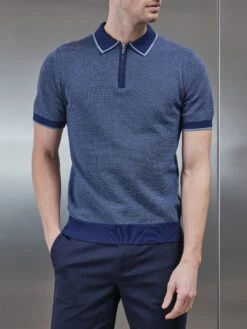 Capri Textured Knitted Zip Polo Shirt In Navy