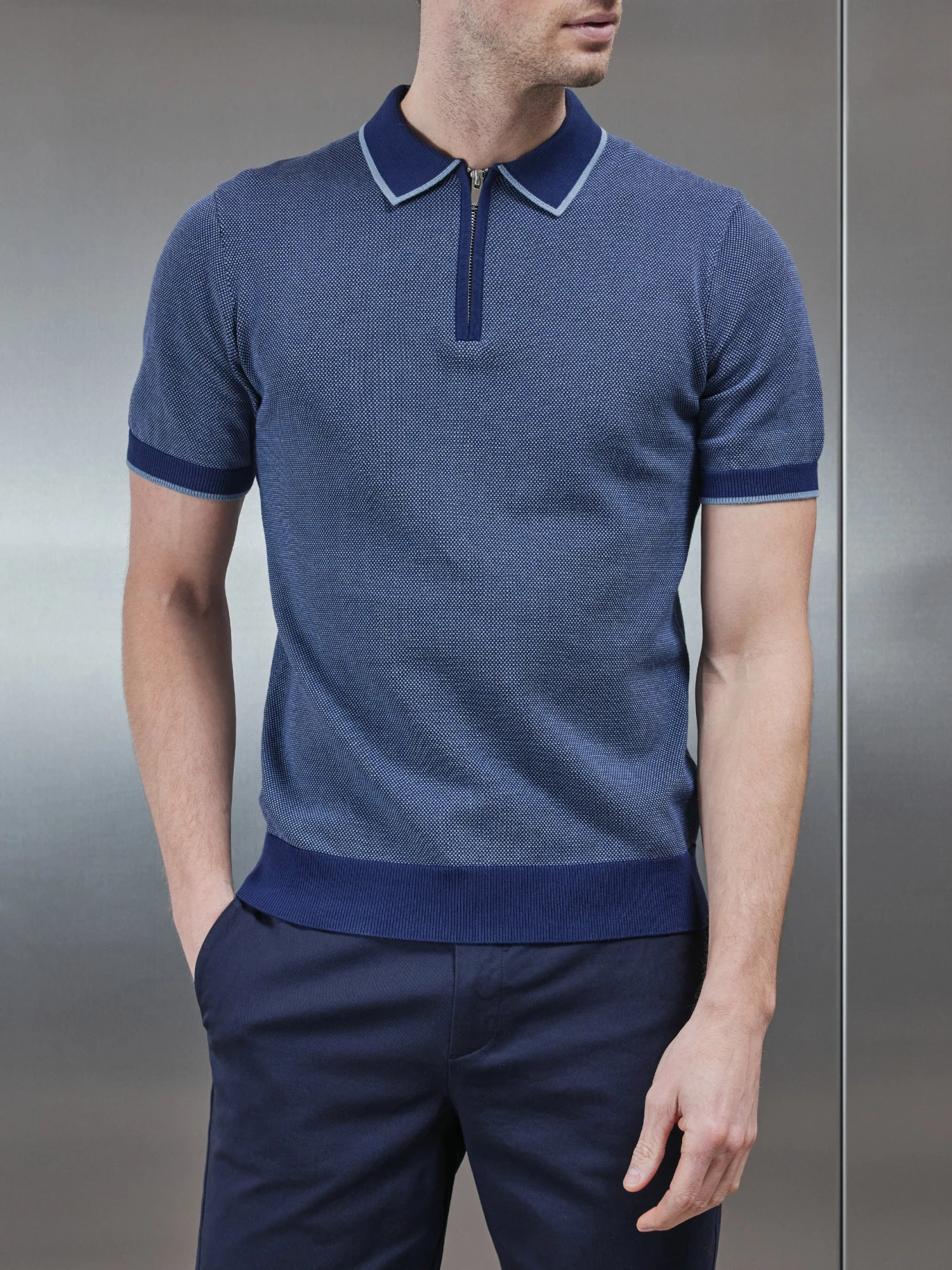 Capri Textured Knitted Zip Polo Shirt In Navy 3 Capri Textured Knitted Zip Polo Shirt In Navy