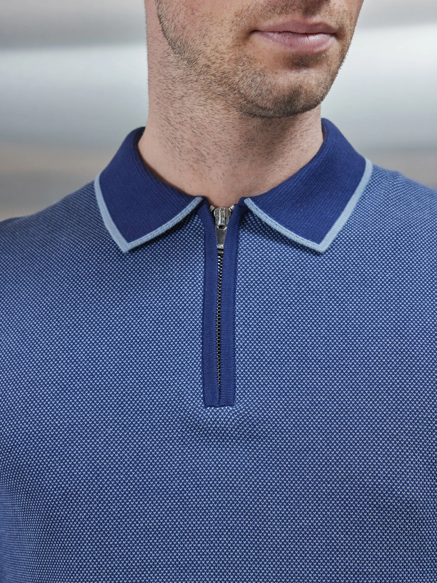 Capri Textured Knitted Zip Polo Shirt In Navy 5 Capri Textured Knitted Zip Polo Shirt In Navy - Image 3