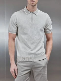 Capri Textured Knitted Zip Polo Shirt In Stone