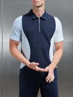 Cavour Colour Block Zip Polo Shirt In Navy -Cheap Shirts Shop CAVOUR COLOUR BLOCK POLOIN NAVY 613