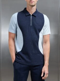 Cavour Colour Block Zip Polo Shirt In Navy -Cheap Shirts Shop CAVOUR COLOUR BLOCK POLOIN NAVY 621