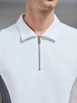Cavour Colour Block Zip Polo Shirt In White -Cheap Shirts Shop CAVOUR COLOUR BLOCK POLOIN WHITE 591