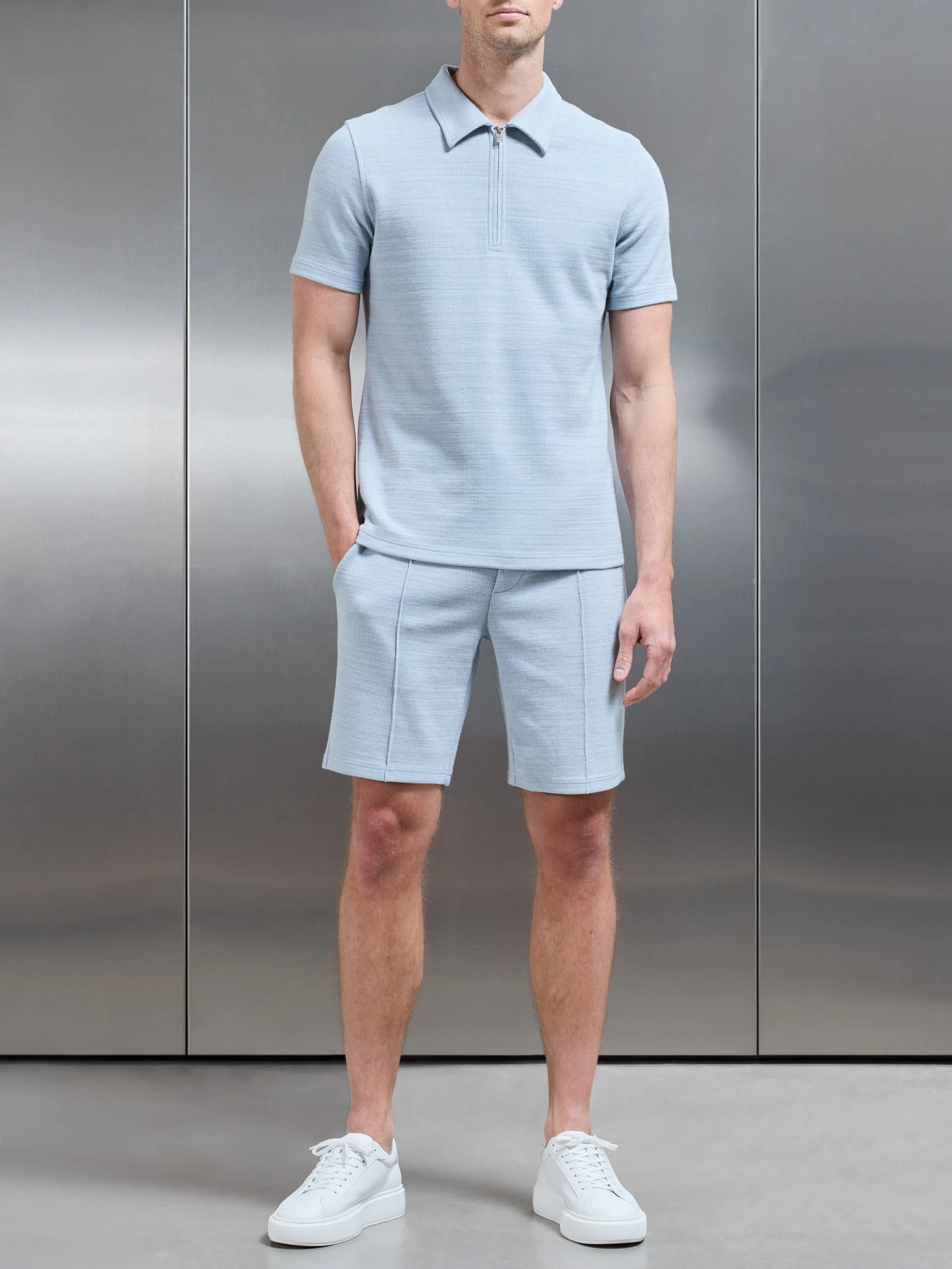 Cavour Textured Zip Polo Shirt In Soft Blue 8 Cavour Textured Zip Polo Shirt In Soft Blue - Image 6