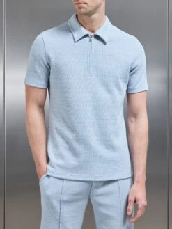 Cavour Textured Zip Polo Shirt In Soft Blue