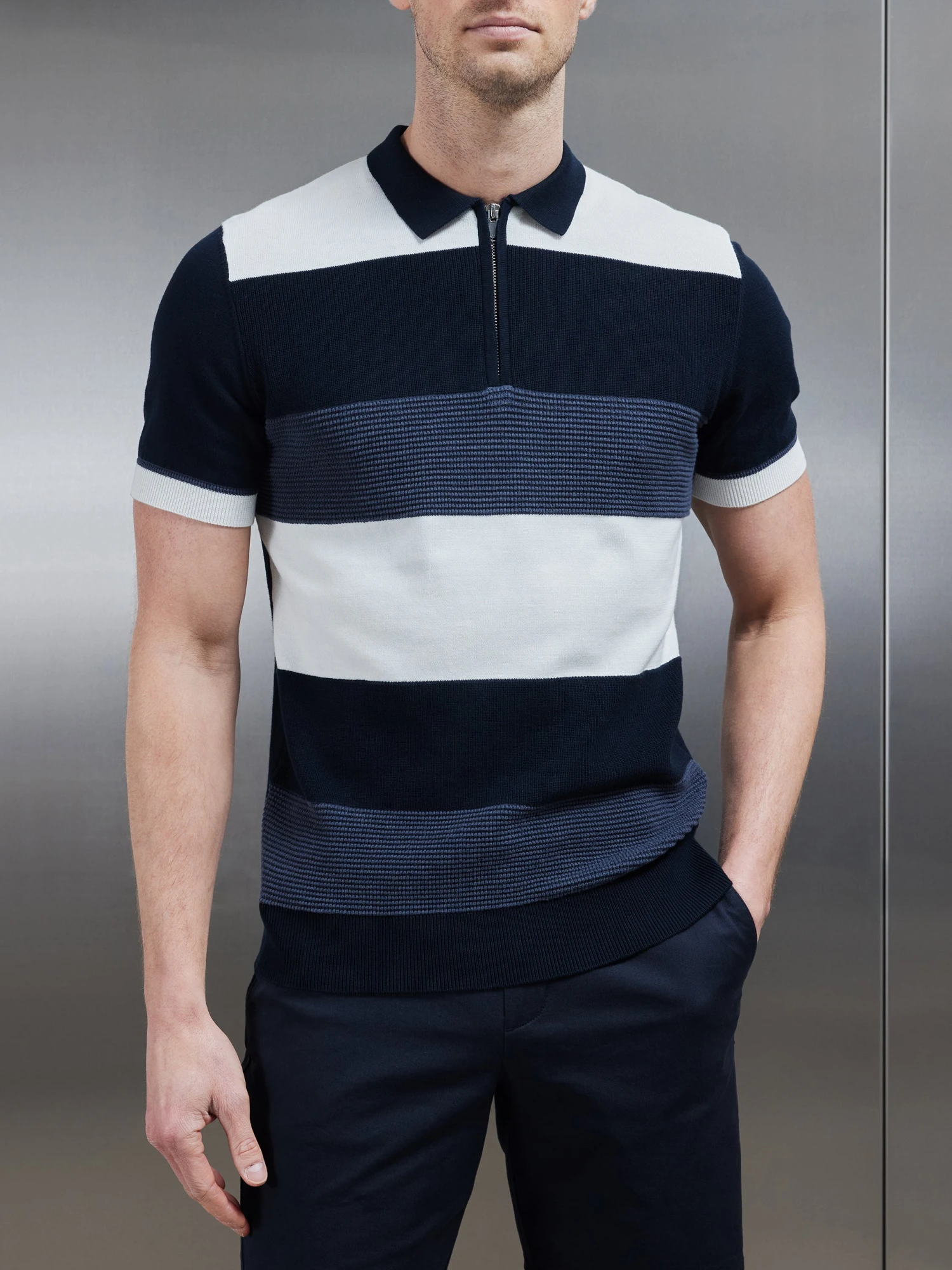 Colour Block Knitted Zip Polo Shirt In Navy 3 Colour Block Knitted Zip Polo Shirt In Navy