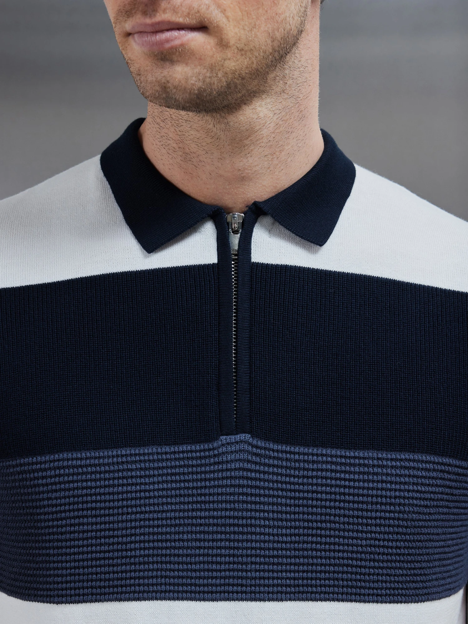 Colour Block Knitted Zip Polo Shirt In Navy 5 Colour Block Knitted Zip Polo Shirt In Navy - Image 3