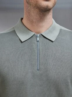 Colour Block Zip Polo Shirt In Sage -Cheap Shirts Shop COLOUR BLOCK KNITTED ZIP POLO SHIRT IN SAGE 0166