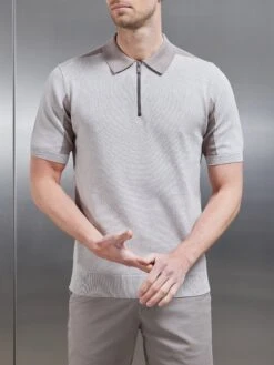 Colour Block Zip Polo Shirt In Stone