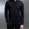 Cotton And Silk Long Sleeve Button Polo Shirt In Black -Cheap Shirts Shop COTTONANDSILKLONGSLEEVEBUTTONPOLO BLACK 1805