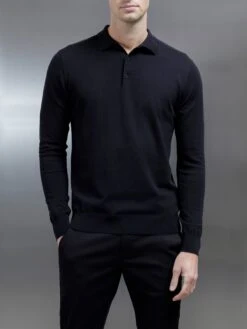 Cotton And Silk Long Sleeve Button Polo Shirt In Black