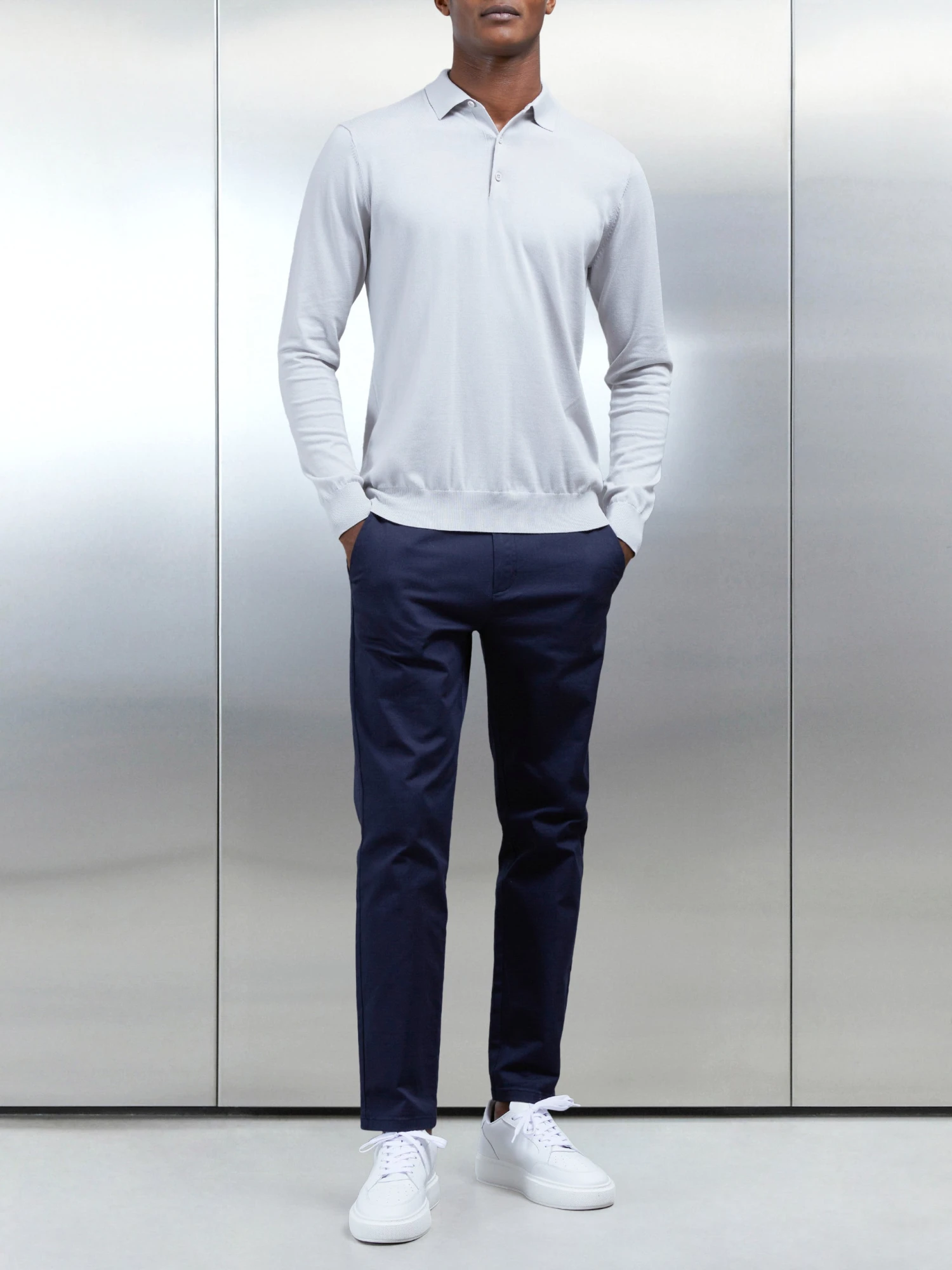 Cotton And Silk Long Sleeve Button Polo Shirt In Mid Grey 4 Cotton And Silk Long Sleeve Button Polo Shirt In Mid Grey - Image 2