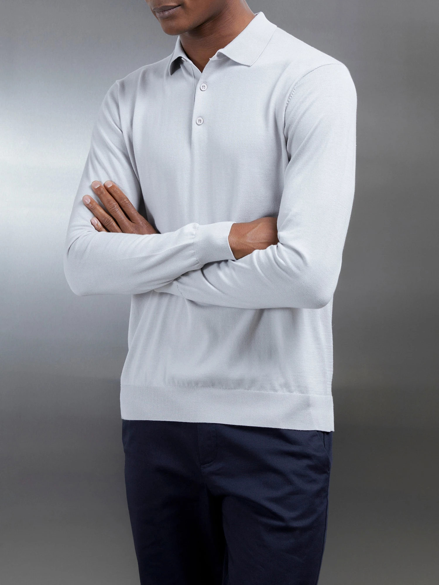 Cotton And Silk Long Sleeve Button Polo Shirt In Mid Grey 6 Cotton And Silk Long Sleeve Button Polo Shirt In Mid Grey - Image 4