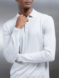 Cotton And Silk Long Sleeve Button Polo Shirt In Mid Grey 8 Cotton And Silk Long Sleeve Button Polo Shirt In Mid Grey -Cheap Shirts Shop COTTONANDSILKLONGSLEEVEBUTTONPOLO MIDGREY 1795