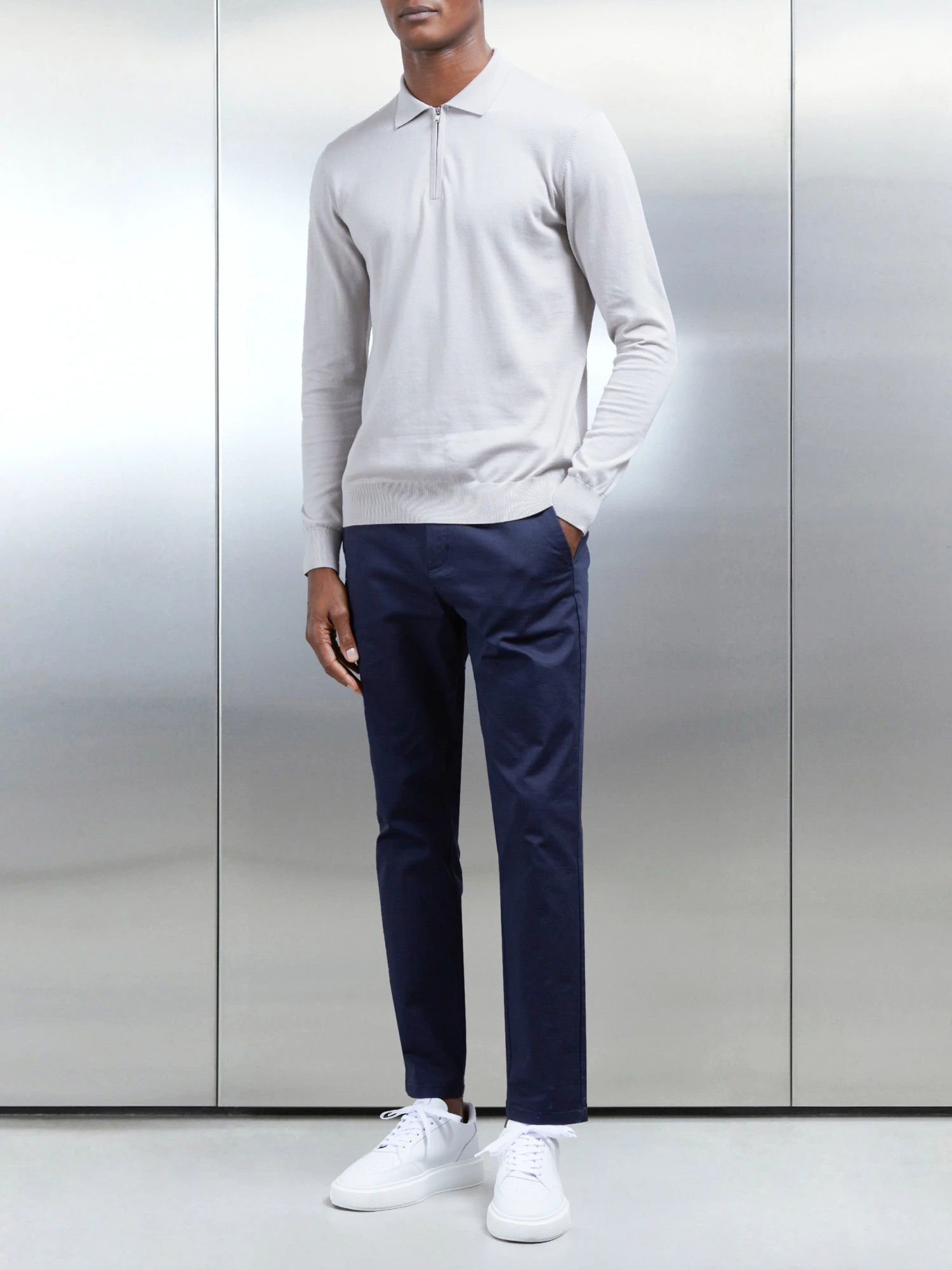 Cotton And Silk Long Sleeve Zip Polo Shirt In Stone 4 Cotton And Silk Long Sleeve Zip Polo Shirt In Stone - Image 2