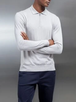 Cotton And Silk Long Sleeve Zip Polo Shirt In Stone