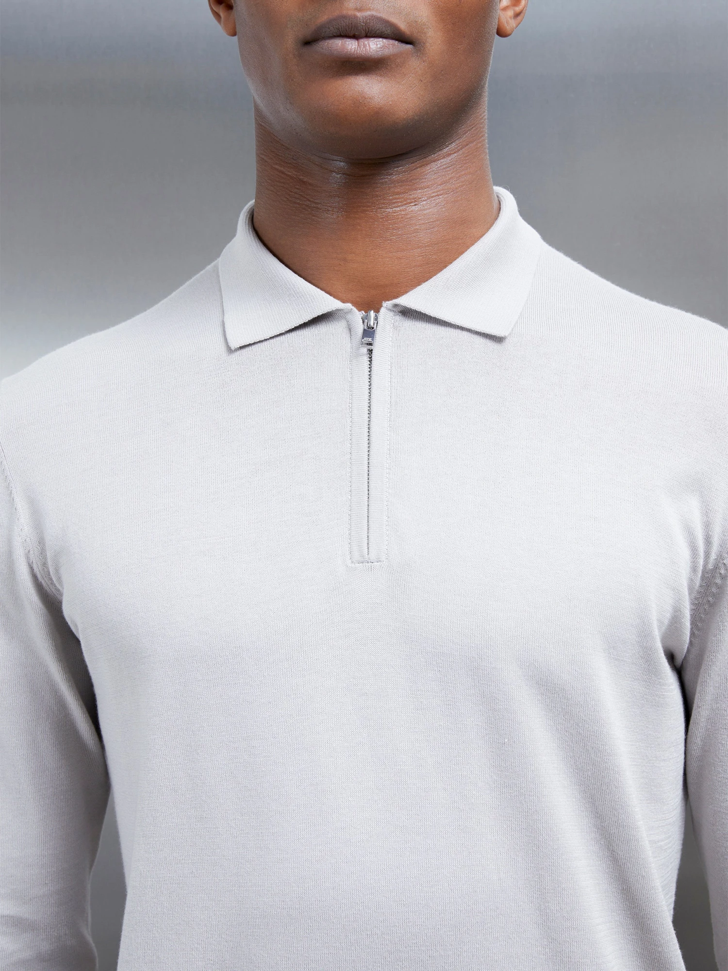 Cotton And Silk Long Sleeve Zip Polo Shirt In Stone 5 Cotton And Silk Long Sleeve Zip Polo Shirt In Stone - Image 3