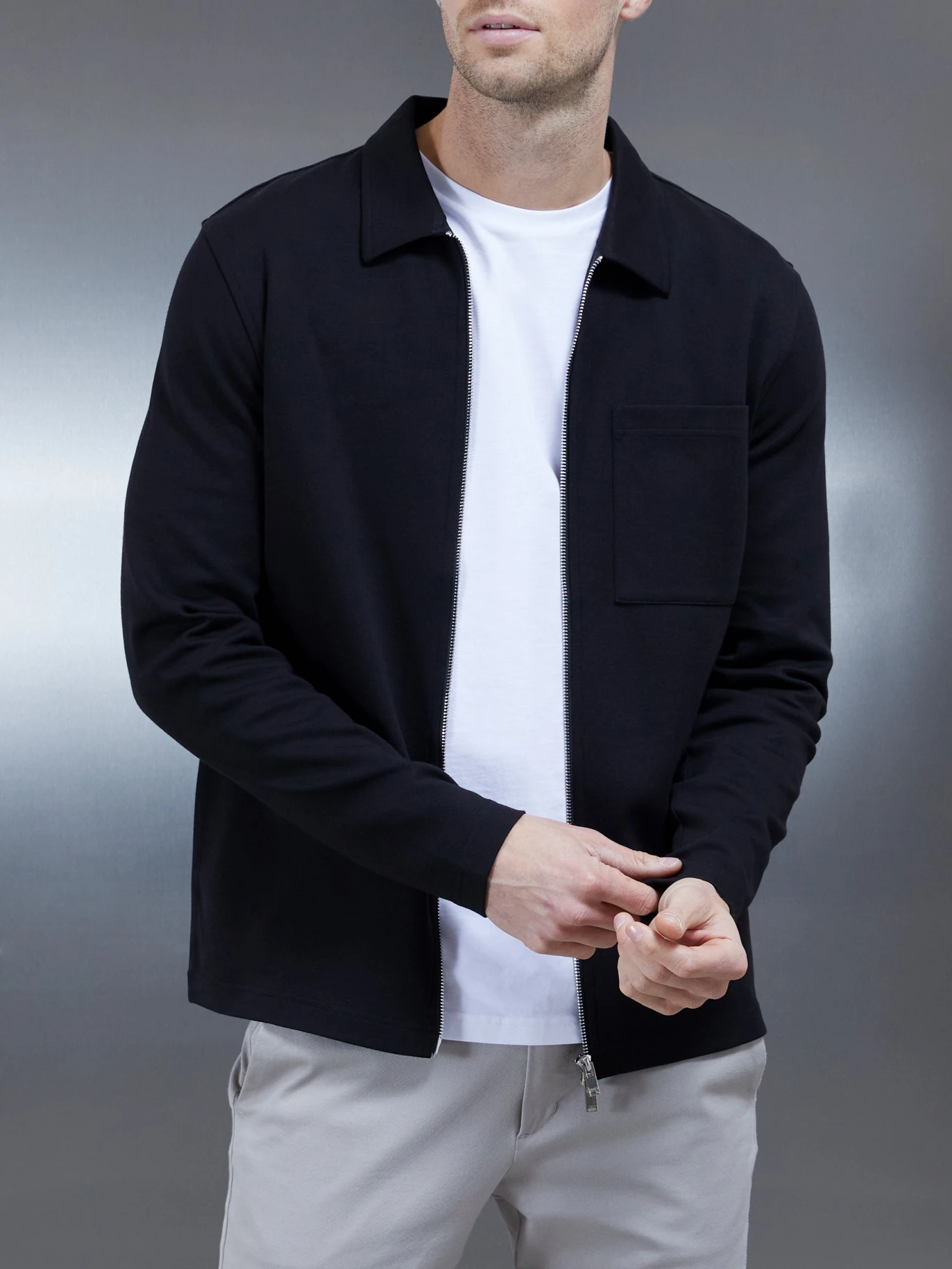 Cotton Jersey Zip Through Overshirt In Black 4 Cotton Jersey Zip Through Overshirt In Black - Image 2