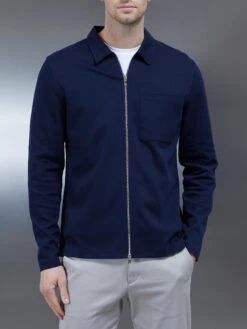 Cotton Jersey Zip Through Overshirt In Navy