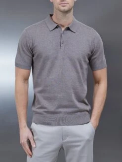 Cotton Knitted Button Polo Shirt In Taupe