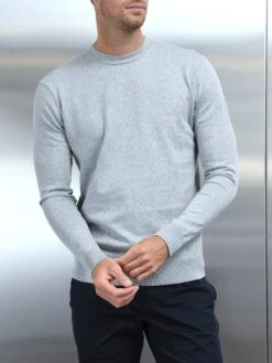 Cotton Knitted Crew Neck Sweatshirt In Marl Grey