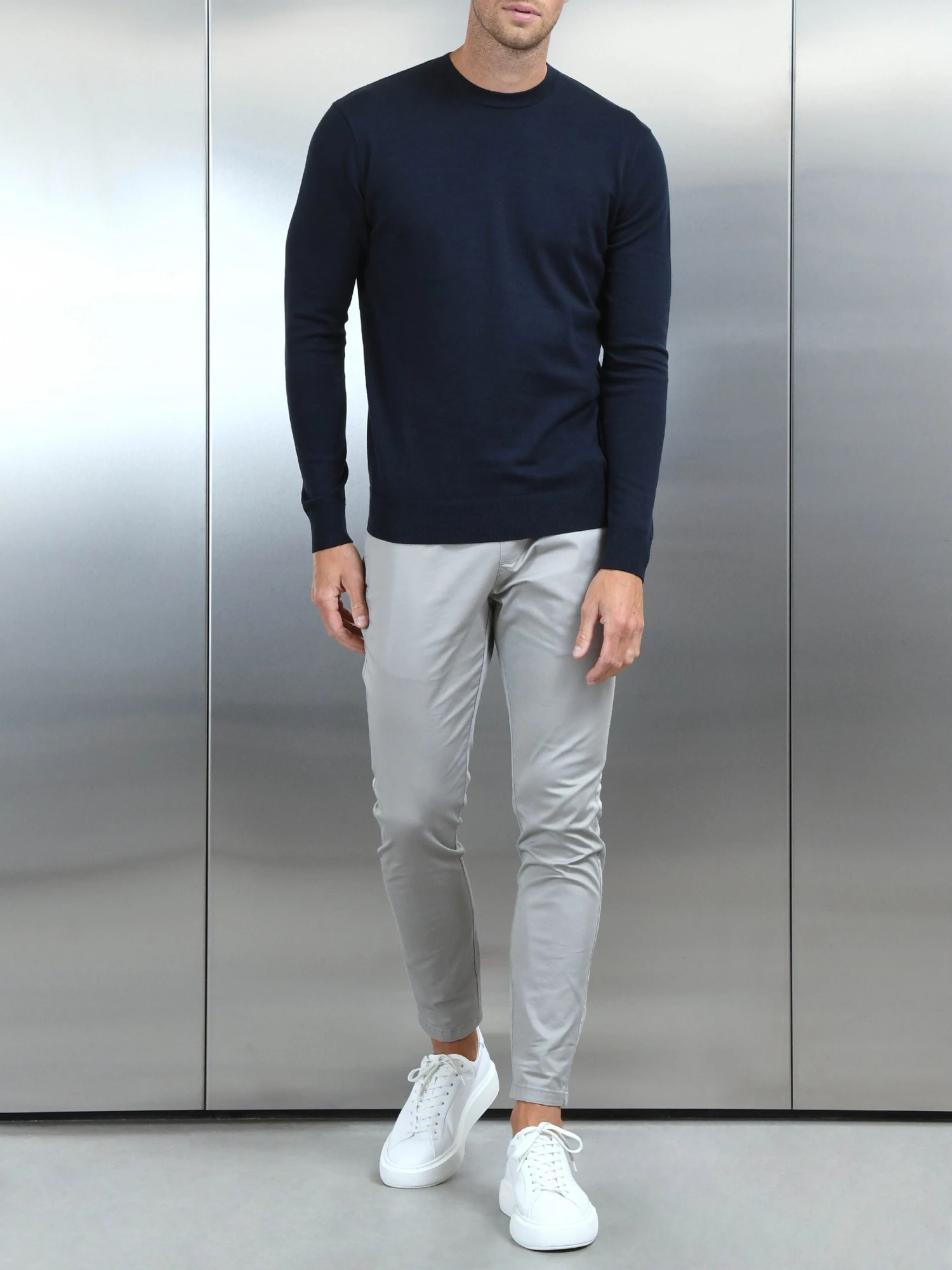 Cotton Knitted Crew Neck Sweatshirt In Navy 4 Cotton Knitted Crew Neck Sweatshirt In Navy - Image 2