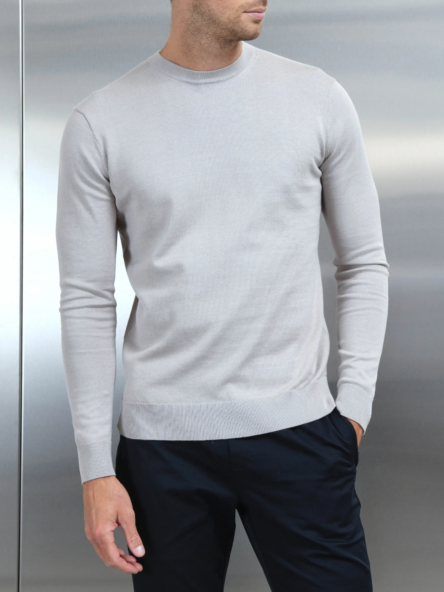 Cotton Knitted Crew Neck Sweatshirt In Stone 5 Cotton Knitted Crew Neck Sweatshirt In Stone - Image 3