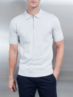 Cotton Knitted Zip Polo Shirt In Mid Grey