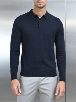 Cotton Knitted Long Sleeve Button Polo Shirt In Navy -Cheap Shirts Shop COTTONKNITTEDLONGSLEEVEBUTTONPOLOINNAVY52107 135ac9fb 4877 4c50 9b47 e75d768997e1