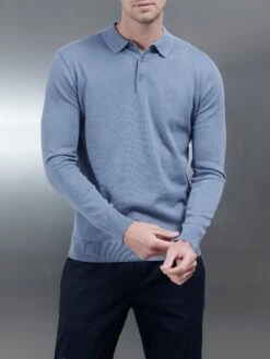 Cotton Knitted Long Sleeve Button Polo Shirt In Silk Blue -Cheap Shirts Shop COTTONKNITTEDLONGSLEEVEBUTTONPOLOSHIRT SILKBLUE 7768
