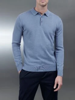 Cotton Knitted Long Sleeve Button Polo Shirt In Silk Blue