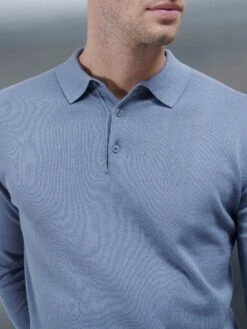 Cotton Knitted Long Sleeve Button Polo Shirt In Silk Blue -Cheap Shirts Shop COTTONKNITTEDLONGSLEEVEBUTTONPOLOSHIRT SILKBLUE 7774