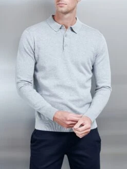 Cotton Knitted Long Sleeve Button Polo Shirt In Marl Grey