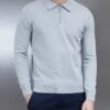 Cotton Knitted Long Sleeve Half Zip Polo Shirt In Marl Grey
