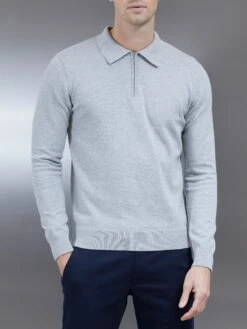 Cotton Knitted Long Sleeve Half Zip Polo Shirt In Marl Grey