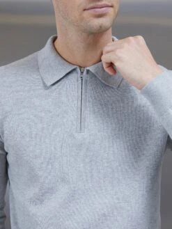 Cotton Knitted Long Sleeve Half Zip Polo Shirt In Marl Grey -Cheap Shirts Shop COTTONKNITTEDLONGSLEEVEHALFZIP MARLGREY2594