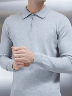 Cotton Knitted Long Sleeve Half Zip Polo Shirt In Marl Grey -Cheap Shirts Shop COTTONKNITTEDLONGSLEEVEHALFZIP MARLGREY2596