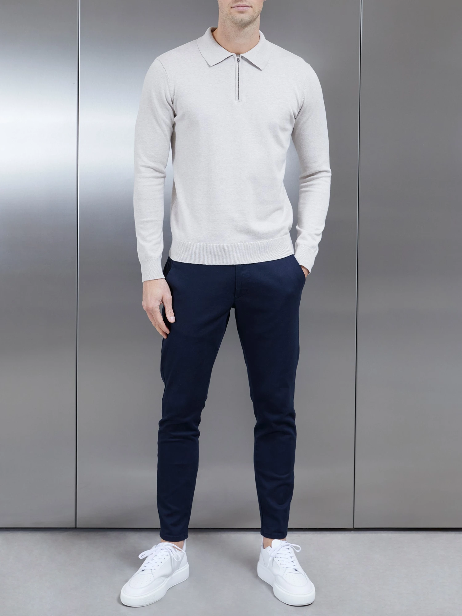 Cotton Knitted Long Sleeve Half Zip Polo Shirt In Oatmeal 4 Cotton Knitted Long Sleeve Half Zip Polo Shirt In Oatmeal - Image 2