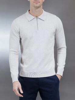 Cotton Knitted Long Sleeve Half Zip Polo Shirt In Oatmeal