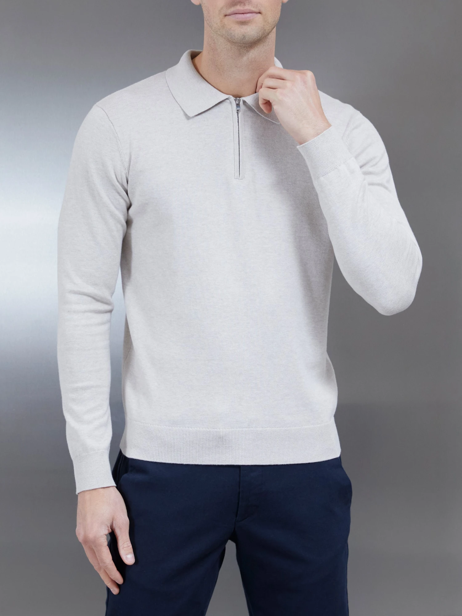 Cotton Knitted Long Sleeve Half Zip Polo Shirt In Oatmeal 6 Cotton Knitted Long Sleeve Half Zip Polo Shirt In Oatmeal - Image 4