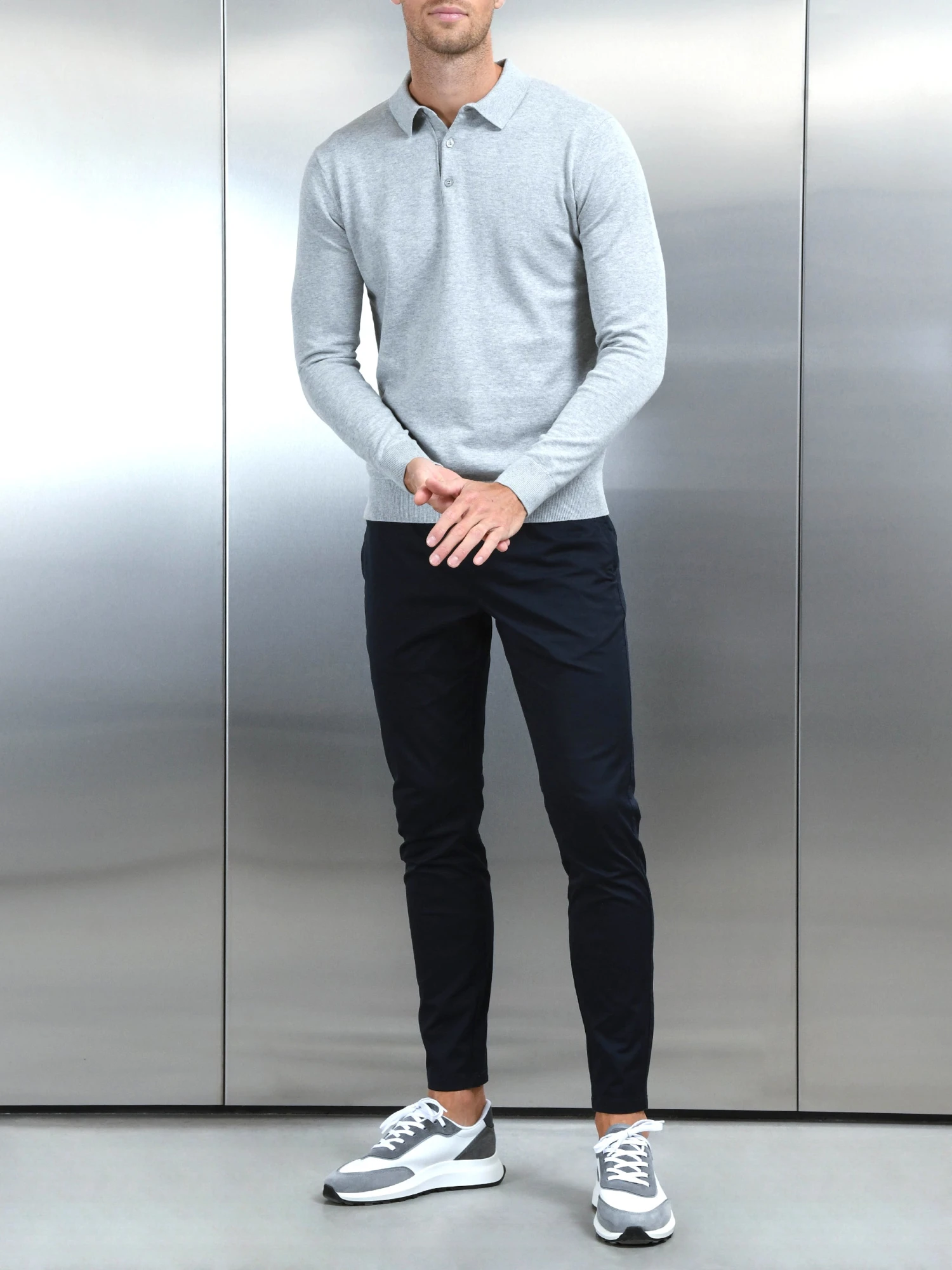 Cotton Knitted Long Sleeve Button Polo Shirt In Marl Grey 3 Cotton Knitted Long Sleeve Button Polo Shirt In Marl Grey - Image 2