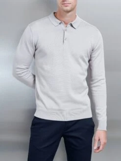 Cotton Knitted Long Sleeve Button Polo Shirt In Stone
