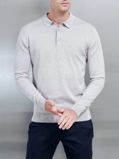 Cotton Knitted Long Sleeve Button Polo Shirt In Stone -Cheap Shirts Shop COTTONKNITTEDLONGSLEEVEPOLOSHIRTINSTONE4134