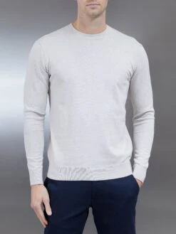 Cotton Knitted Crew Neck Sweatshirt In Oatmeal