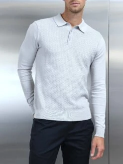 Cotton Knitted Long Sleeve Textured Button Polo Shirt In Mid Grey -Cheap Shirts Shop COTTONKNITTEDTEXTUREDBUTTONPOLOSHIRT MIDGREY51920