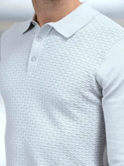 Cotton Knitted Long Sleeve Textured Button Polo Shirt In Mid Grey -Cheap Shirts Shop COTTONKNITTEDTEXTUREDBUTTONPOLOSHIRT MIDGREY51921