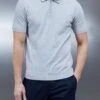 Cotton Knitted Zip Polo Shirt In Marl Grey